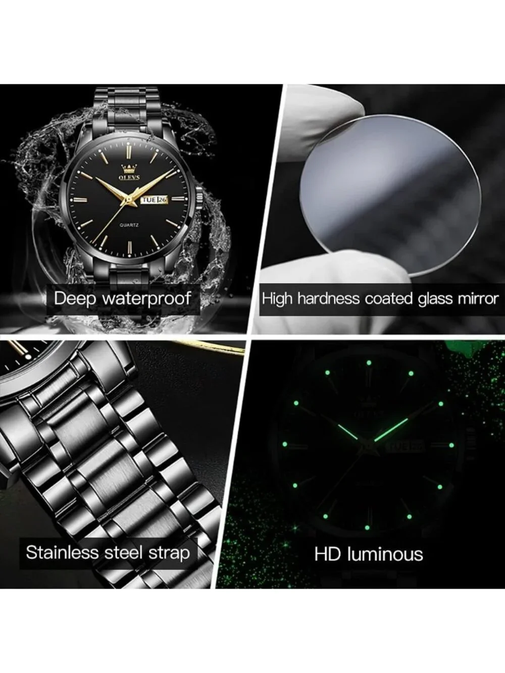 Men's Black Stainless Steel Solid Luminous Quartz Waterproof Round Classic Watch